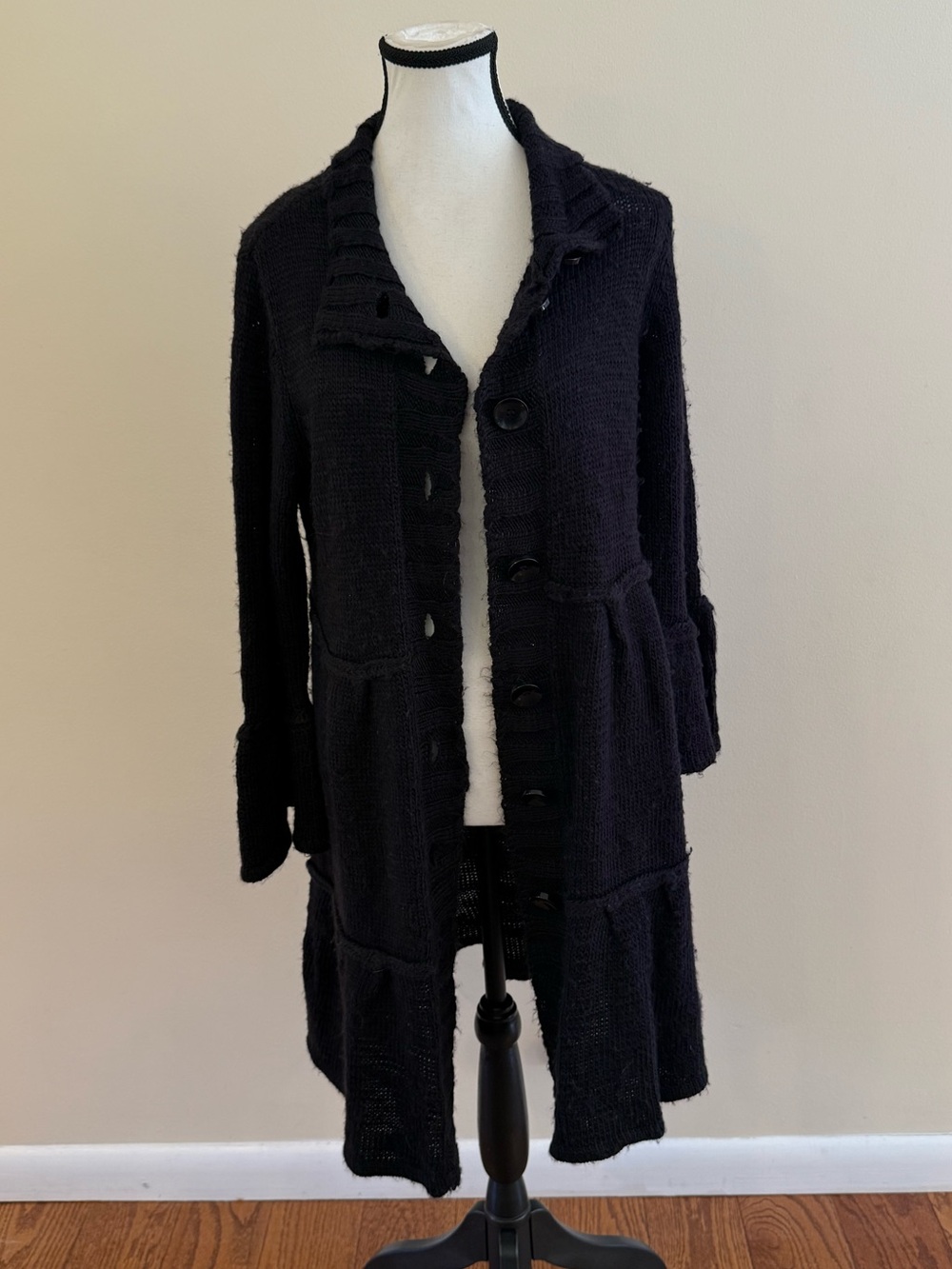 Fever Black Long Knit Trench Coat size Medium